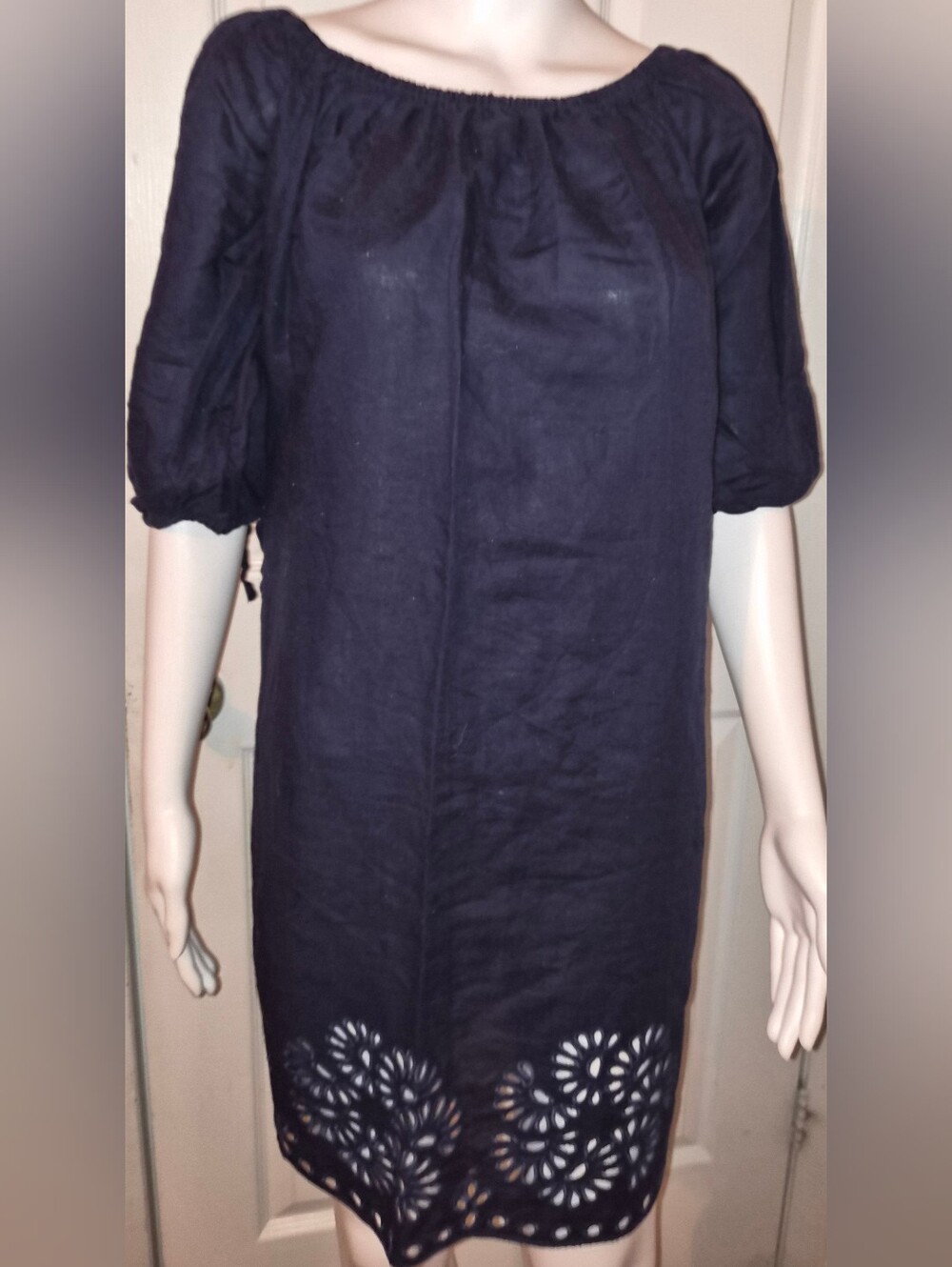 J. Crew Navy Blue Linen Cotton Off the Shoulder Eyelet Shift Dress